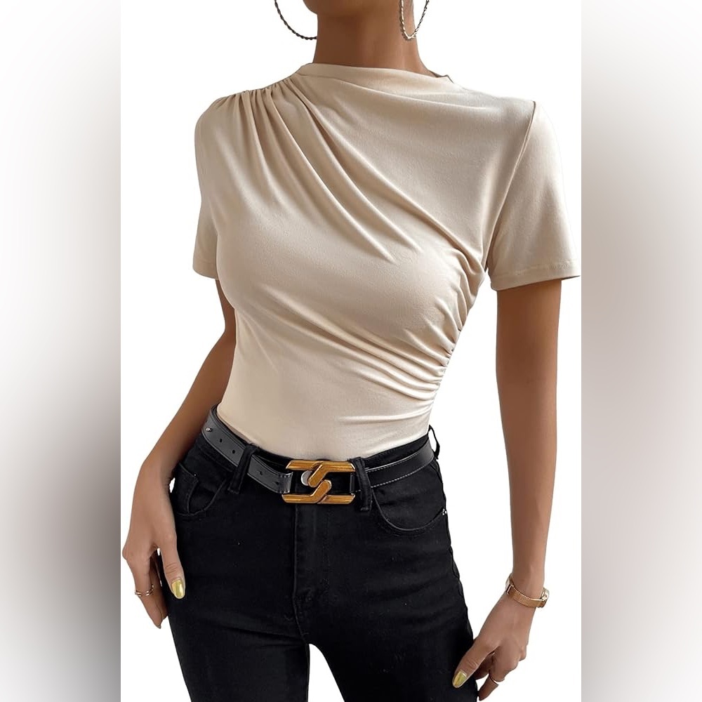 Boture Women's Casual Short Sleeve Mock Neck Ruched Top Slim Fit Plain Tee Shirt